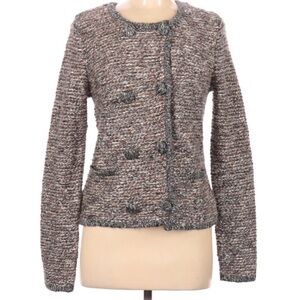 Cabi‎ 3016 Ritz Boucle Cardigan Sweater Buttons Tan Gray Medium Acrylic Nylon